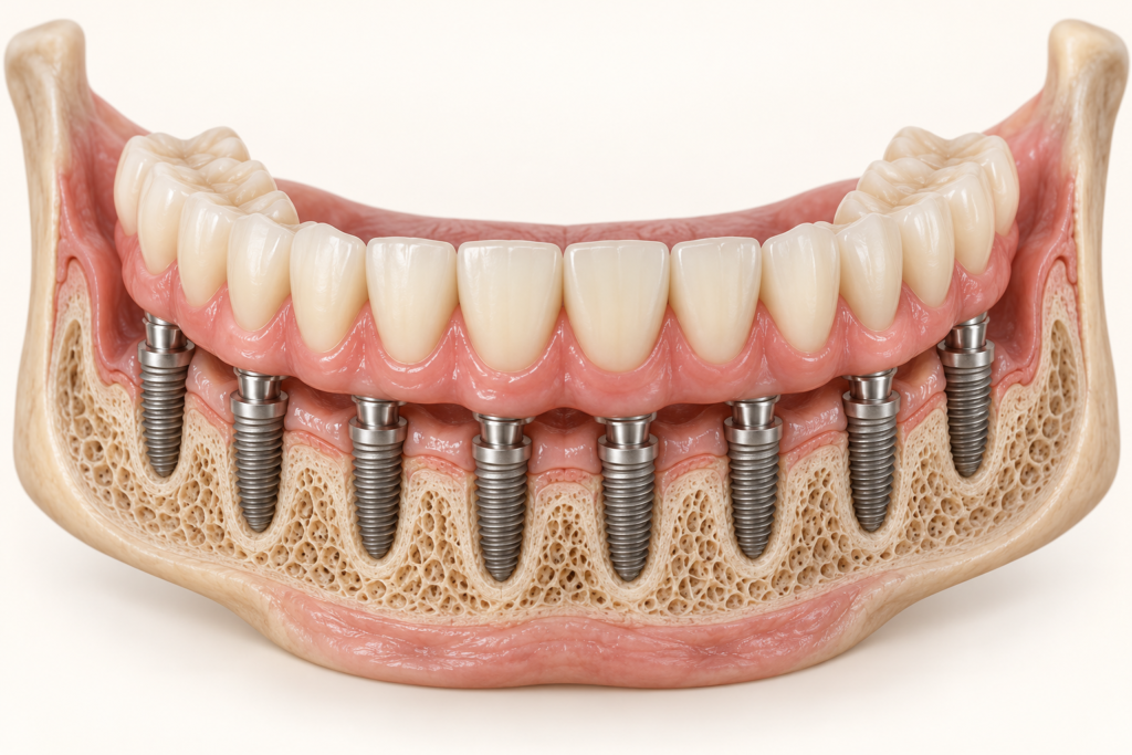 Full-arch restoration illustration showing 8 implant supports