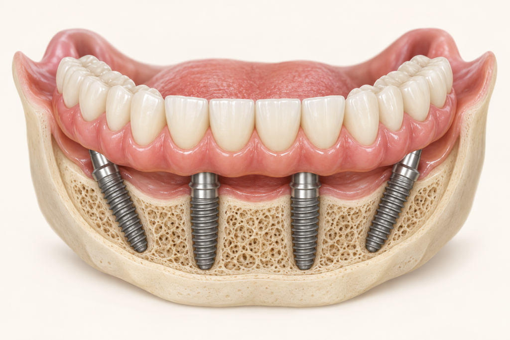 Full-arch restoration illustration showing 4 implant supports