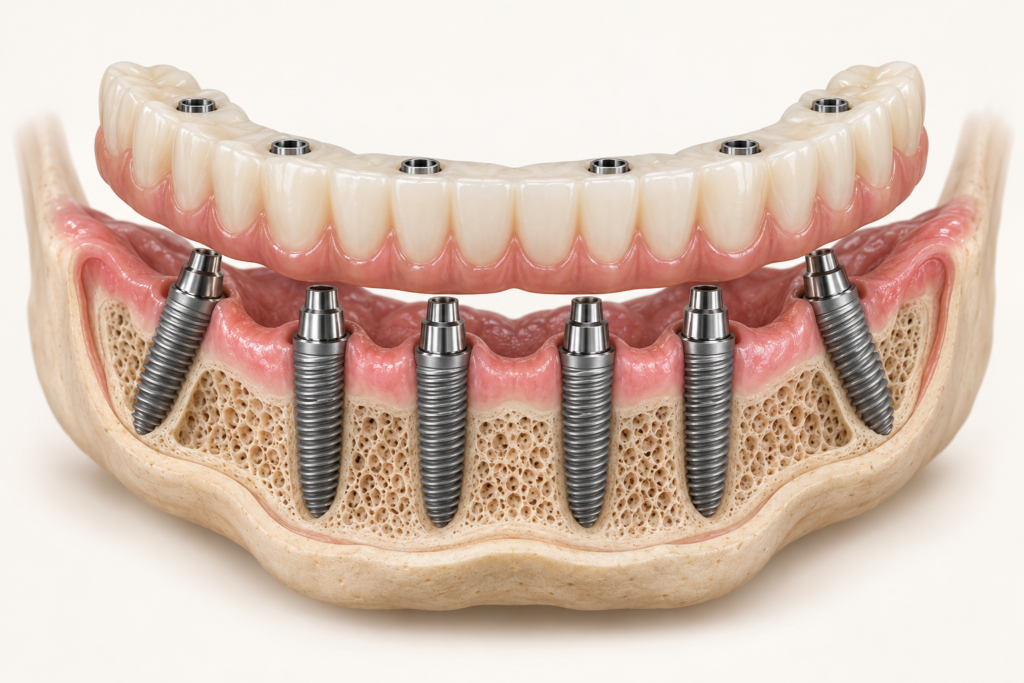 Full-arch restoration illustration showing 6 implant supports