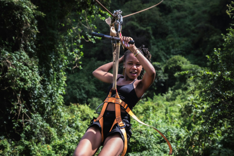 Woman on a jungle zipline; activity illustration