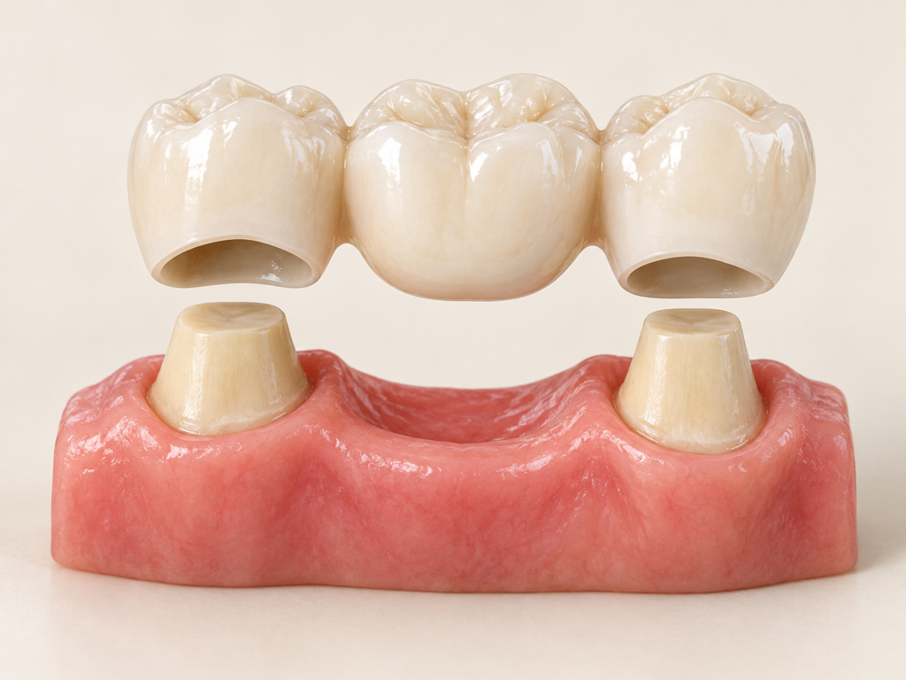 Illustrative three-unit tooth-supported bridge positioned above two prepared supporting teeth