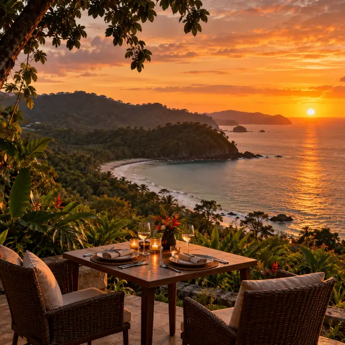 Intimate dinner overlooking a tropical bay at sunset