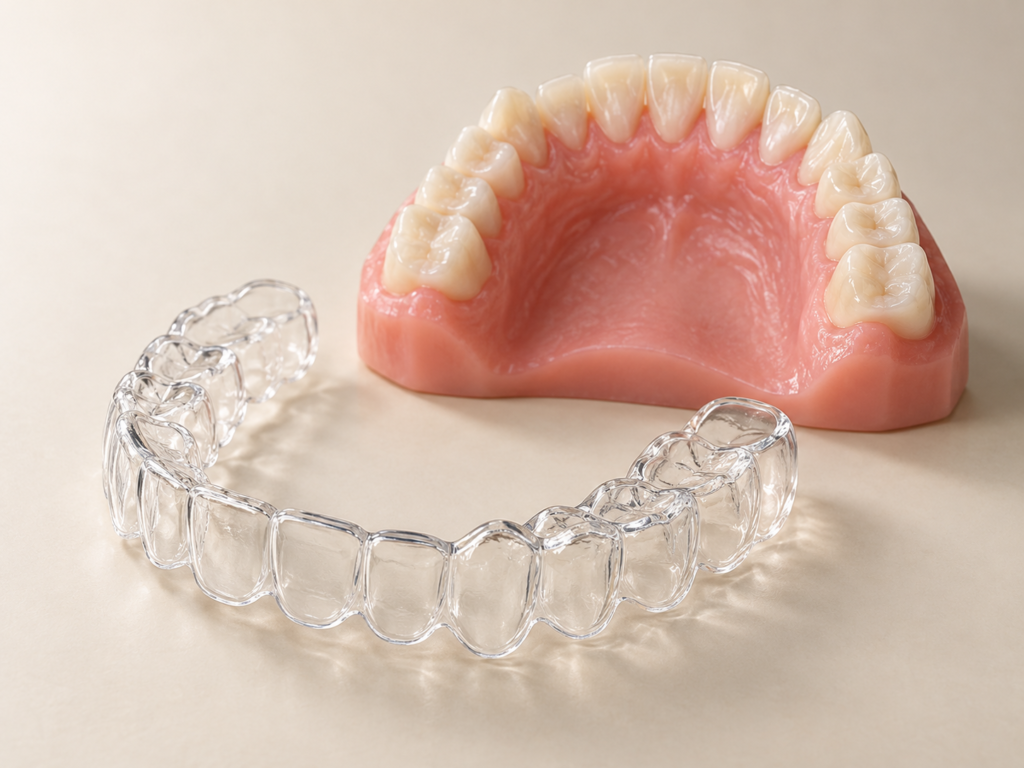 Illustrative transparent clear aligner tray beside an upper dental arch model