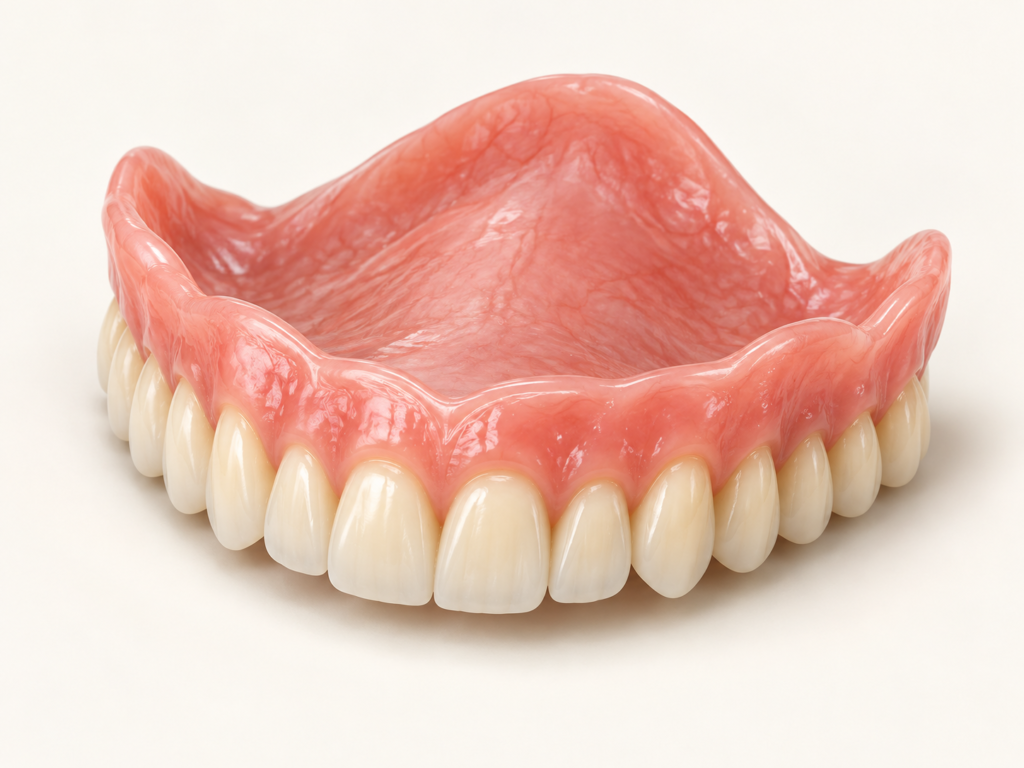 Illustrative complete upper removable denture with full tooth arch and pink palate base