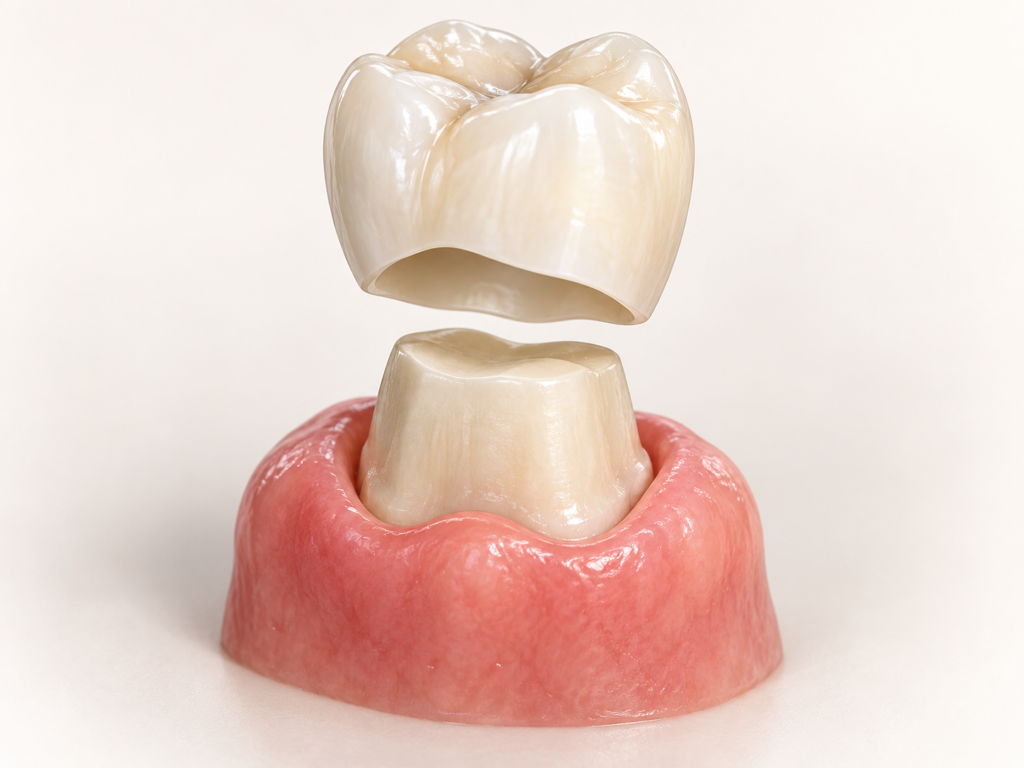 Illustrative ceramic crown positioned above a prepared natural tooth