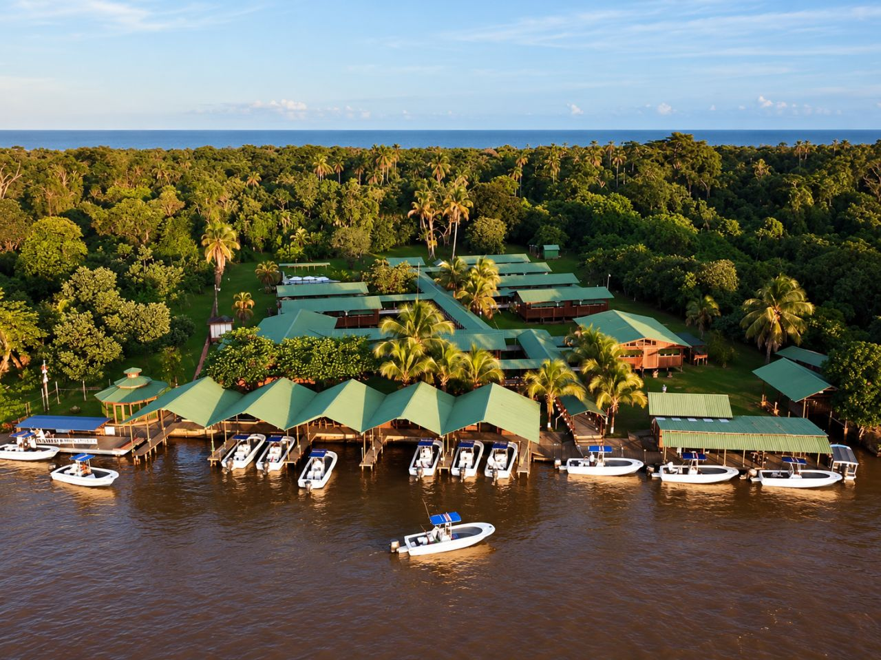 AI-generated recreation of a riverfront fishing lodge and marina surrounded by rainforest, based on a Barra del Colorado reference photograph