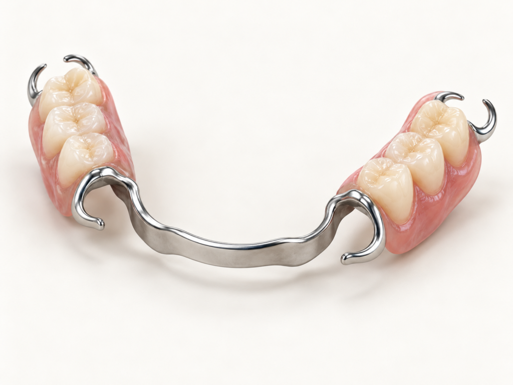 Illustrative removable partial denture with replacement teeth, metal framework and clasps