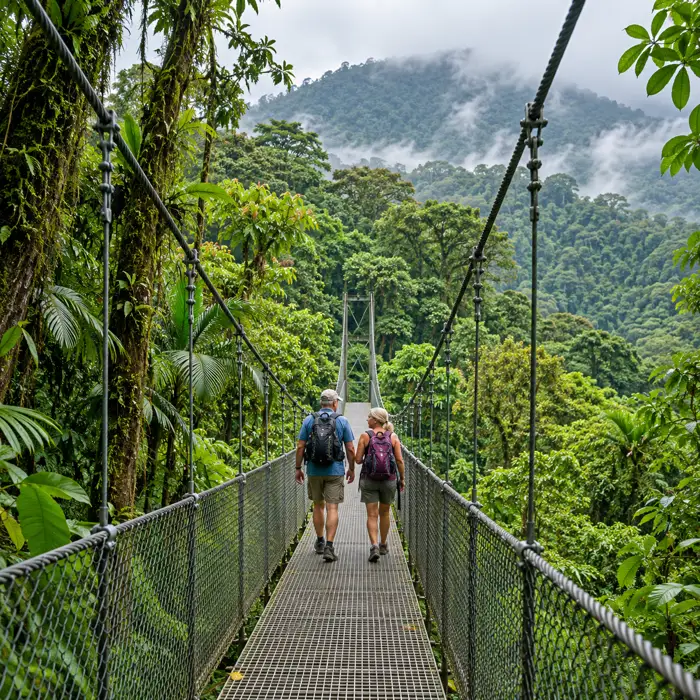 Travelers exploring a hanging bridge amid lush rainforest