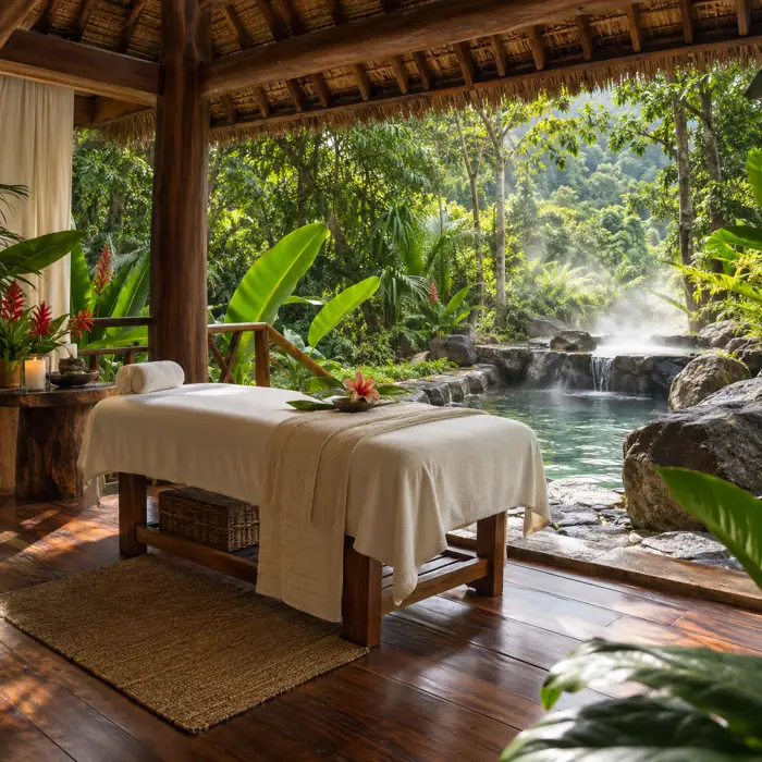 Peaceful open-air spa surrounded by tropical greenery