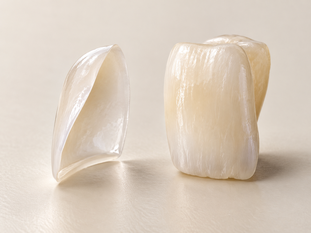 Illustrative close-up of a thin porcelain veneer beside a tooth model