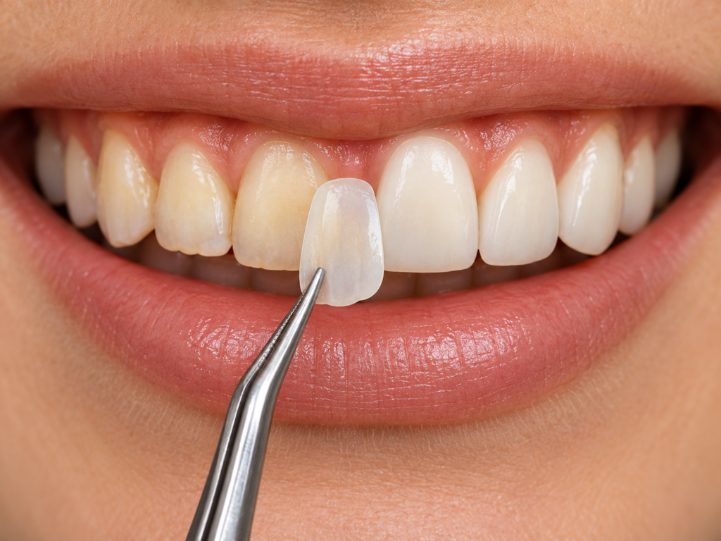 Illustrative smile showing original teeth, completed veneers, and one thin porcelain shell held before placement